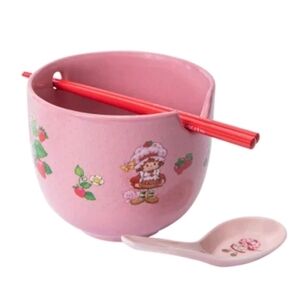 Strawberry Shortcake Pink Ramen Bowl Bundle w/ Chopsticks & Spoon Brand New